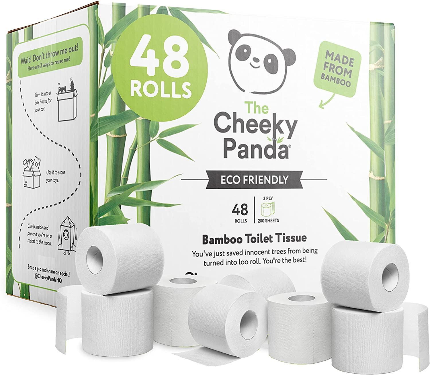 Cheeky Panda Ultra-Sustainable Plastic-Free Bamboo Toilet Tissue, White, 48 Rolls