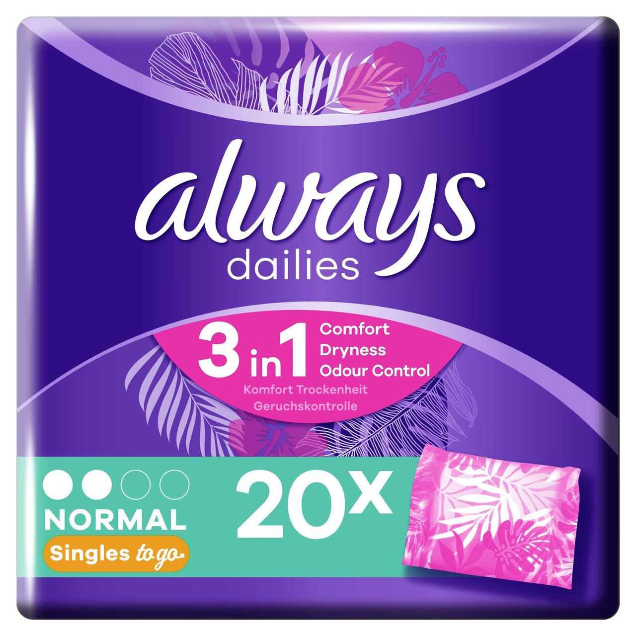 Always Dailies To Go Normal Pantyliners, 6 Pack of 20