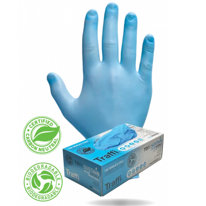 Traffi Carbon Neutral Biodegradable Nitrile Disposable Gloves (Small), Box of 100 - TD01
